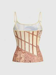 ROMWE Avant Women's Retro Japanese Geisha Print Casual Versatile Date/Travel Camisole - Apricot - View 2