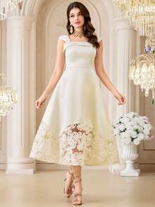 Modelyn 新款优雅浪漫精致提花A字收腰派对轻盈连衣裙 - 米色 - 查看 2