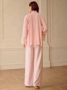 ZEYLAH Bộ đồ 2 mảnh thanh lịch dành cho nữ, gồm áo tay dài phối ren tương phản, cổ bèo nhún và quần dài, thích hợp cho mùa xuân/hè. - Hồng - Xem 3