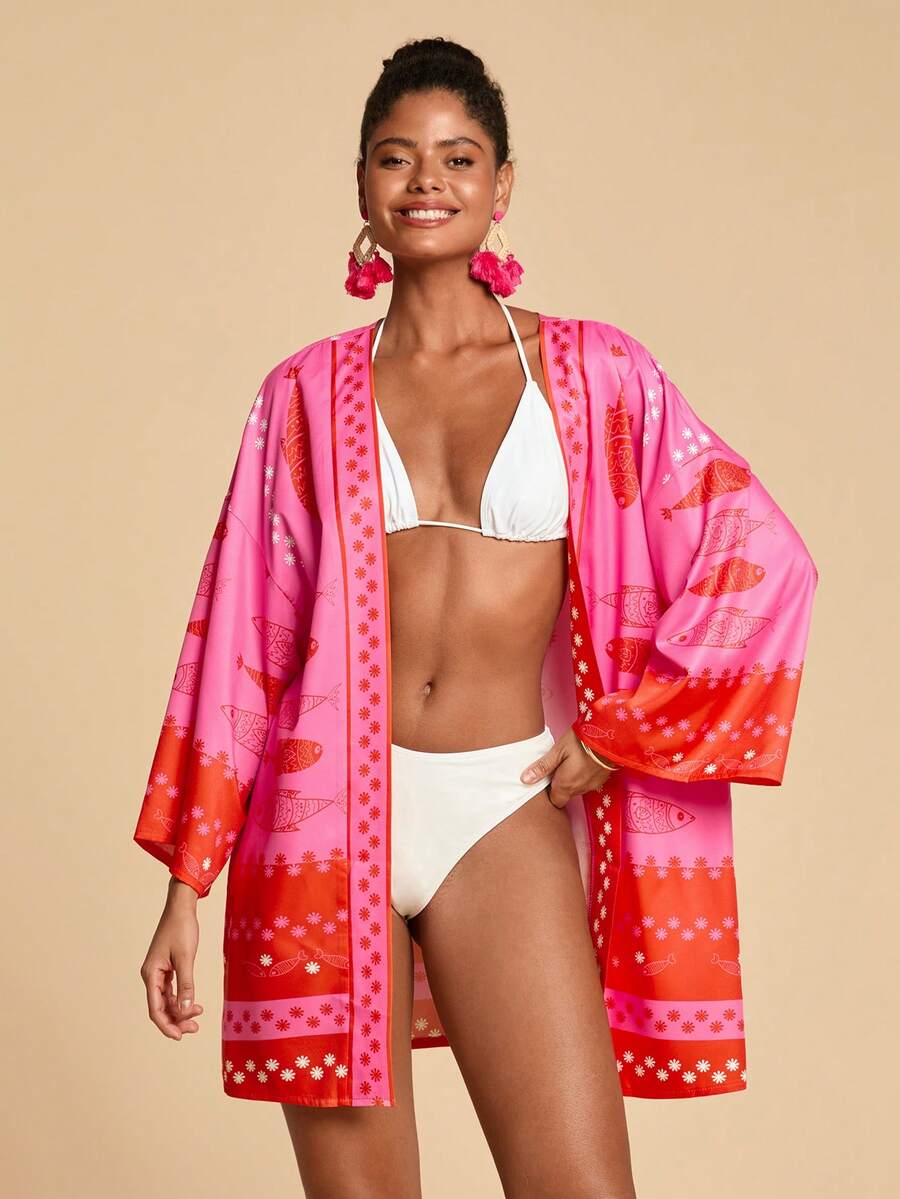 Travachic Áo khoác kimono dáng rộng vai rớt in hoa và cá dành cho nữ, thích hợp cho bãi biển và kỳ nghỉ, bãi biển, đồ đi biển cho nữ, bộ đồ đi biển, đi chơi, kỳ nghỉ, kỳ nghỉ cho nữ, kỳ nghỉ, mùa hè, mùa hè, mùa hè cho nữ, Ngày lễ tình nhân, lễ hội hóa trang, trang phục lễ hội hóa trang, tiệc tùng, đi chơi, đi chơi, thường ngày, thanh lịch, phong cách Y2K, hoa, đỏ, hồng, kỳ nghỉ nhiệt đới, phong cách Bohemian, Ibiza, phong cách phương Tây - Nhiều màu - Xem 1