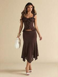 SHEIN BAE 棕色纹理腰果花蕾丝边方领荷叶边吊带背心，女士款，棕色蕾丝上衣，夏季上衣 - 棕色 - 查看 6