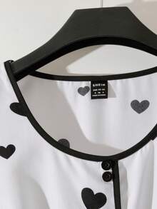 SHEIN Women's Summer Cute White And Black Heart Printed Button Short Sleeve Shirt,Casual Elegant Crew Neck Everyday Contrast Fashion Blouse - White - View 4