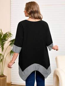 Rosumi 大码女式格子拼接不对称下摆休闲百搭通勤长袖衬衫 - 黑色 - 查看 6