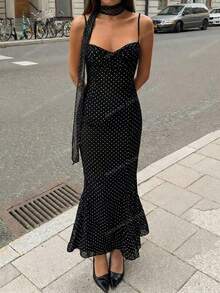 Firerie 女士新款复古黑色波点修身鱼尾连衣裙，时尚春夏连衣裙，性感优雅波点连衣裙，鱼尾裙，胸部褶皱设计，荷叶边吊带连衣裙，婚礼派对连衣裙，约会连衣裙，适合通勤，优雅，性感，度假，海滩，波西米亚风，夏威夷风，音乐节，派对，工作场合 - 黑色 - 查看 6