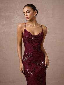 Lumalex 可调节蕾丝亮片吊带露背紧身连衣裙，枣红色 - 酒紅色 - 查看 3