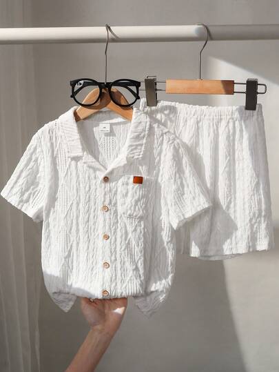 Cozy Pixies 2pcs Young Boy Set: Solid Color Polo Collar Short Sleeve Cardigan And Elastic Waist Shorts