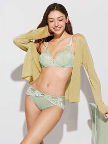 LUVLETTE Soft Woman LingerieBreathable Underwire Sexy Unlined Minimizer Green Floral Lace & Sheer Mesh Bra