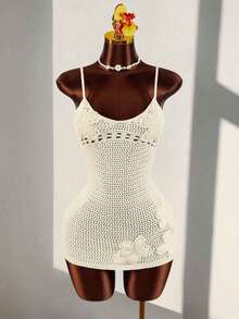 Amplova Women's Crochet Mini Dress, Sexy Sheer Floral Slip Dress, Vacation Dress - Apricot - View 4