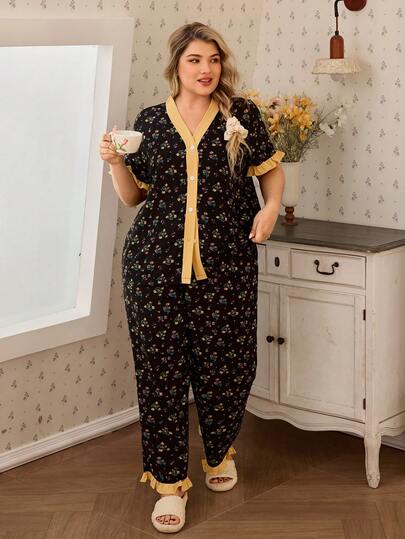 Women's Floral Print Patchwork Plus Size Short Sleeve Pajama Set, Romantic Countryside Style, Suitable For Spring/Summer Plus Size Pajama Set Sleep Wear Women 2 Piece Set