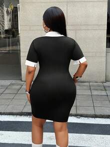 Maweii Plus Size Women's Summer Black & White Contrast Color Elastic Knit Shirt Collar Lace Splice Sexy Bodycon Short Sleeve Mini Dress, Suitable For Outings, Office, Commuting, Casual, Dates, Formal Occasions - Black and White - View 2