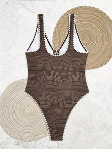 Swim Vcay Women's Summer Beach One-Piece Swimsuit, Special Fabric Deep V Starfish Decor White Trim Fitted Romantic Ocean One Piece Swimsuit - Coffee Brown - View 2