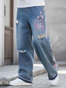 Manfinity LEGND 男女皆宜的做旧刺绣宽松水洗休闲牛仔裤，美式街头风 - 淺色水洗藍 - 查看 4