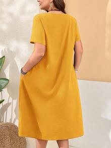 EMERY ROSE Plus Size Women's Loose Fit Buttoned Round Neck Mustard Yellow Dress,Summer Boho Vacation Short Sleeve Pocket Curve Dress With Side Slits - Yellow - View 2