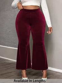 SHEIN PETITE CURVE 大码优雅纯色丝绒喇叭裤，适合通勤、日常生活、聚会、毕业典礼、办公室、约会等场合，丝绒裤，喇叭裤，春季，情人节，派对，婚礼及活动，优雅 - 酒紅色 - 查看 7