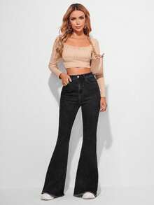 EMERY ROSE 毛边斜插口袋休闲喇叭裤复古牛仔裤 - 黑色 - 查看 5