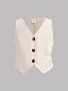 Firerie Kids 两件套女童杏色亚麻质感西装背心+宽松直筒裤，百搭通勤都市女孩时尚套装，可爱休闲日常装 - 杏色 - 查看 6