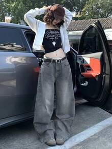 DAZY 女士口袋纽扣休闲百搭通勤宽松牛仔阔腿裤 - 藍色 - 查看 4