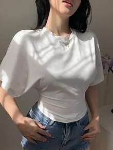 DAZY 女士夏季圆领收腰短袖休闲T恤 - 白色 - 查看 2