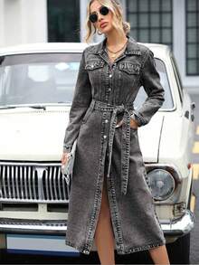 SHEIN PETITE Women's Collared Single-Breasted Slit Pocket Design Casual Denim Long Sleeve Dress - Grey - View 3