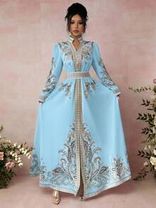 Rafferiza 复古印花V领灯笼袖荷叶边下摆连衣裙，适合度假和宫廷风格女性 - 淺藍色 - 查看 7