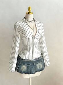 Elamini 1pc Black V-Neck Striped Collar Slim Fit Button-Up Long Sleeve Sexy Blouse For Commuting & Daily Wear, Winter - White - View 3