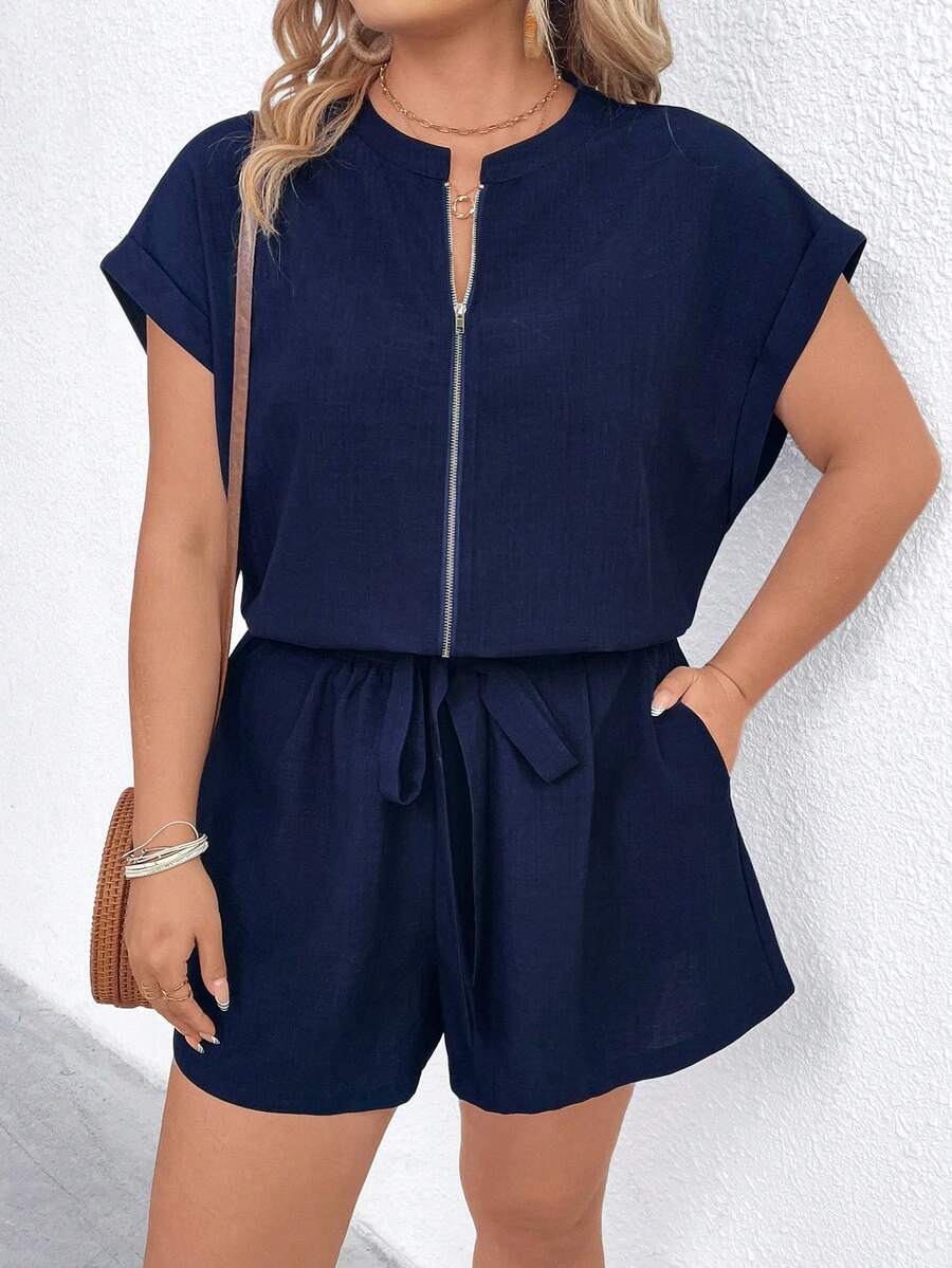 EMERY ROSE Stor storlek vävd elegant sommarjumpsuit för kvinnor - Marinblå - Visa 1