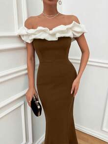 EURMUSE Vestido ajustado con hombros descubiertos y volantes en dos tonos, vestido elegante - Marrón - Ver 4