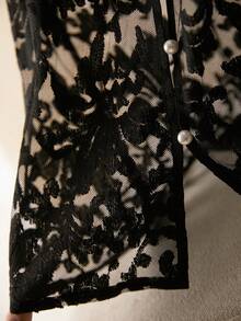 Elaquor Plus Size Women Black Lace Top,Elegant Formal V-Neck See Through Blouse,Summer Evening Wedding Guest Vest,Faux Pearl Single-Breasted Floral Patchwork - Black - View 7