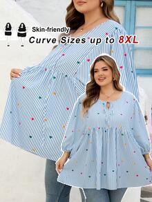 SHEIN CURVE+ Curve 尺码 US22 音乐节、海滨度假、波西米亚情人节女士条纹爱心印花休闲百搭通勤灯笼袖衬衫 - 藍色 - 查看 8