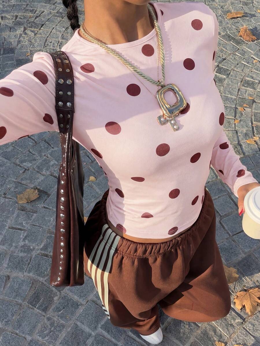 Muchica Polka Dot Print Crew Neck Fitted Women Long Sleeve T-Shirt - Pink - View 1