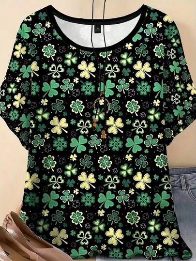 EMERY ROSE 大码女式抽象人脸线条艺术印花休闲圆领短袖T恤，春夏款