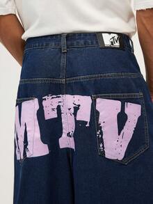 MTV | SHEIN Men's Casual Street Letter Graphic Loose Fit Denim Jeans - Blue Black - View 4