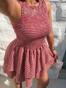 Sunnyshic Fashionable Minimalist Spring/Summer New Versatile Round Neck Red Plaid Gentle Elegant Fitted Waist Sleeveless Dress - Red - View 6