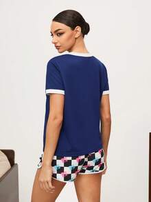 MTV | SHEIN Women's Letter & Checkerboard Print Contrast Trim Round Neck Short Sleeve Top And Shorts Pajama Set - Navy Blue - View 2