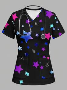 PopScrub Women's V-Neck Short Sleeve Pocket Scrub Uniform Top With Star Print - Multicolor - View 1
