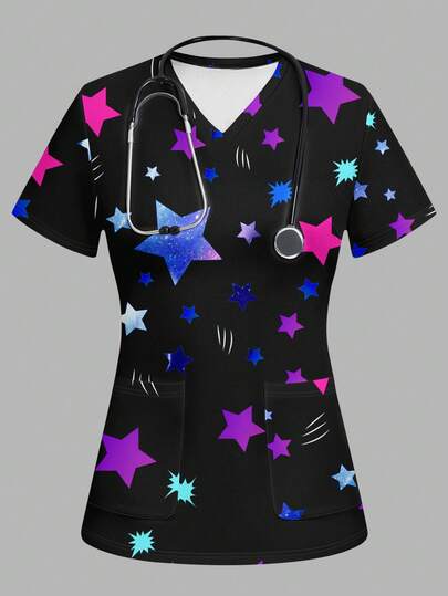 PopScrub Women's V-Neck Short Sleeve Pocket Scrub Uniform Top With Star Print