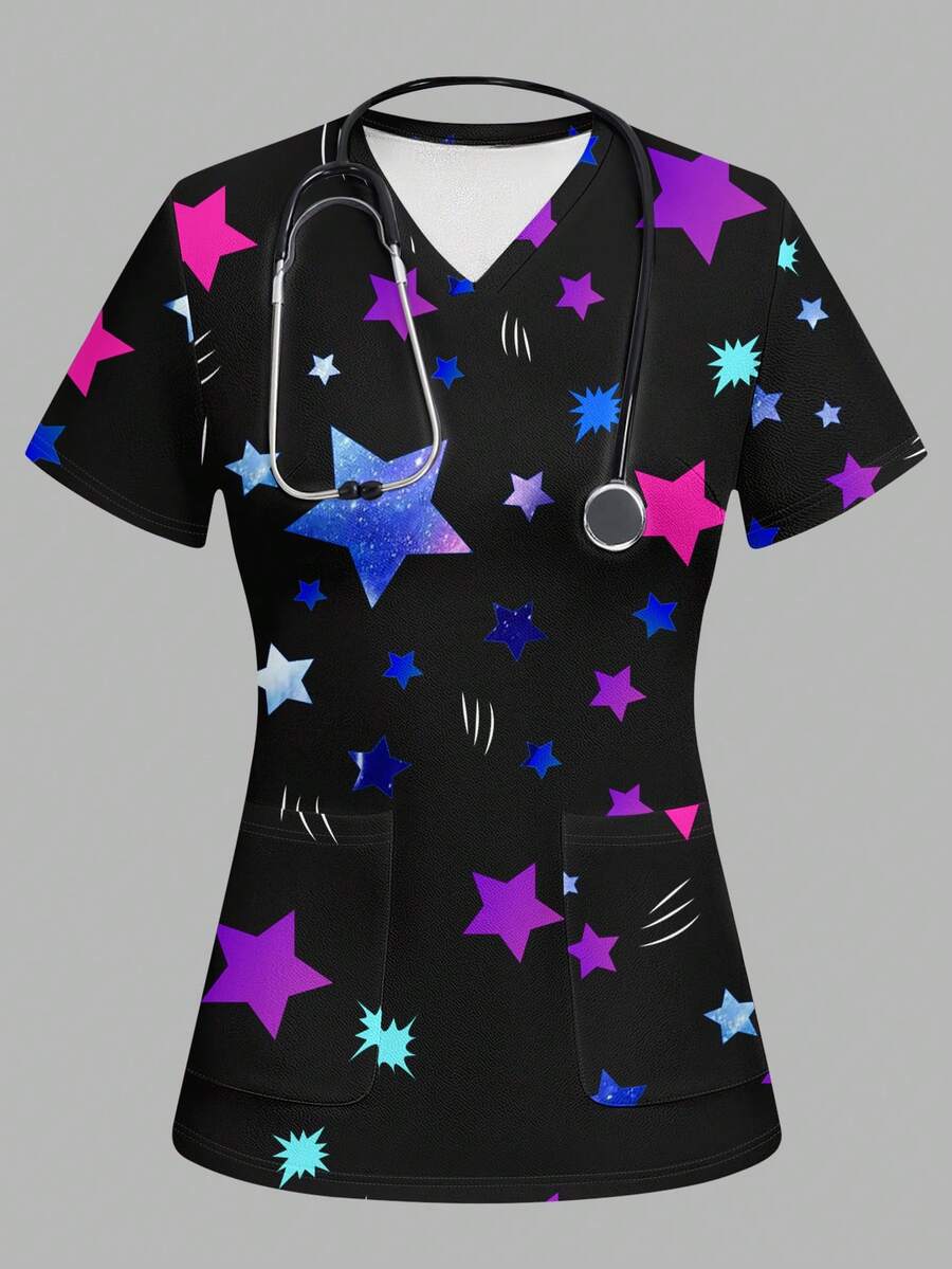 PopScrub Women's V-Neck Short Sleeve Pocket Scrub Uniform Top With Star Print - Multicolor - View 1