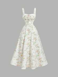 SHEIN MOD 女士梦幻浪漫印花波西米亚风连衣裙，饰有蕾丝边和蝴蝶结——完美适用于度假、浪漫场合；沙滩风印花连衣裙，适合度假、约会、野餐、派对、舞会、节日和生日等场合；浪漫复古宫廷风 - 彩色 - 查看 5