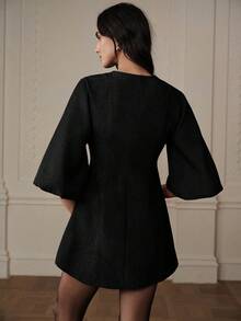 Vestido de punto de espiguilla de manga farol elegante, diseño de moda, calidad de alta gama - Negro - Ver 7