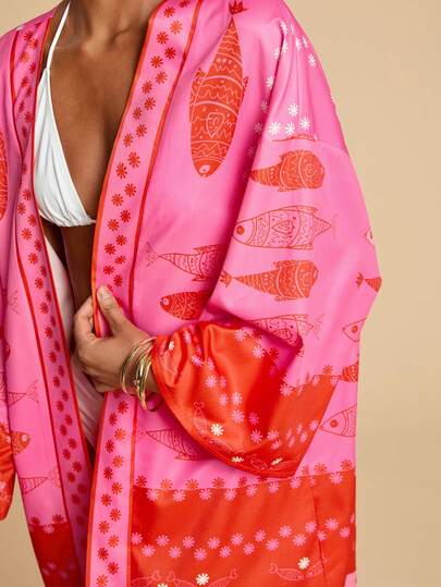 Travachic Women's Loose Drop Shoulder Floral & Fish Print Kimono Cover Up, Suitable For Beach & Holiday,Beach,Beach Outfits For Women,Beach Set,Going Out,Vacation,Vacation Outfits Women,Holiday,Summer,Summer Clothes,Summer Outfits For Women,Valentine's Day,Carnival,Carnival Costume,Party ,Going Out,Going Out Outfits,Casual,Elegant,Y2k,Flower,Red ,Pink