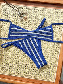 Swim Mod Conjunto de bikini de 2 piezas a rayas para vacaciones en la playa, sexy, para mujer, Primavera/Verano 2026 - Azul - Ver 3
