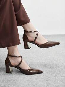 CUCCOO BIZCHIC Giày nữ mũi nhọn, đế dày, gót trung bình, màu nâu bóng, quai chéo, khoét lỗ, giày cao gót nữ thời trang, thoải mái, phù hợp đi làm, công sở, đa năng, giày khoét lỗ nữ cho ngày Valentine - Màu cà phê - Xem 4