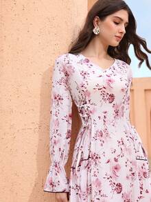 Graceveil V-Neck Elegant Printed Contrast Trim Waist Tie Arabic Style Dress For Women - Multicolor - View 2