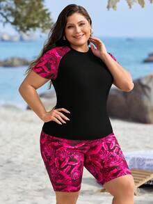Swim Lushoire Plus Size Women Tropical Plant Print Patchwork Sleeveless Casual Tankini Swimsuit Set - Hot Pink - View 5