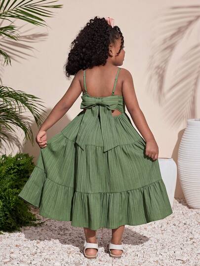Young Girl's Fashionable & Cute Green Textured Bow Decor Loose Strap Dress, Summer Holiday