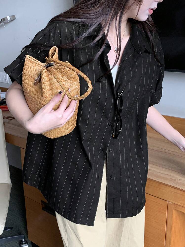 Women's Striped Short Sleeve Shirt, Fashionable For Summer