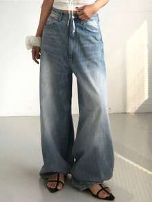 DAZY Vintage Washed Loose Fit High Waist Wide Leg Jeans, Versatile Light Blue Denim Pants For Women, Winter Y2k - Light Wash - View 7