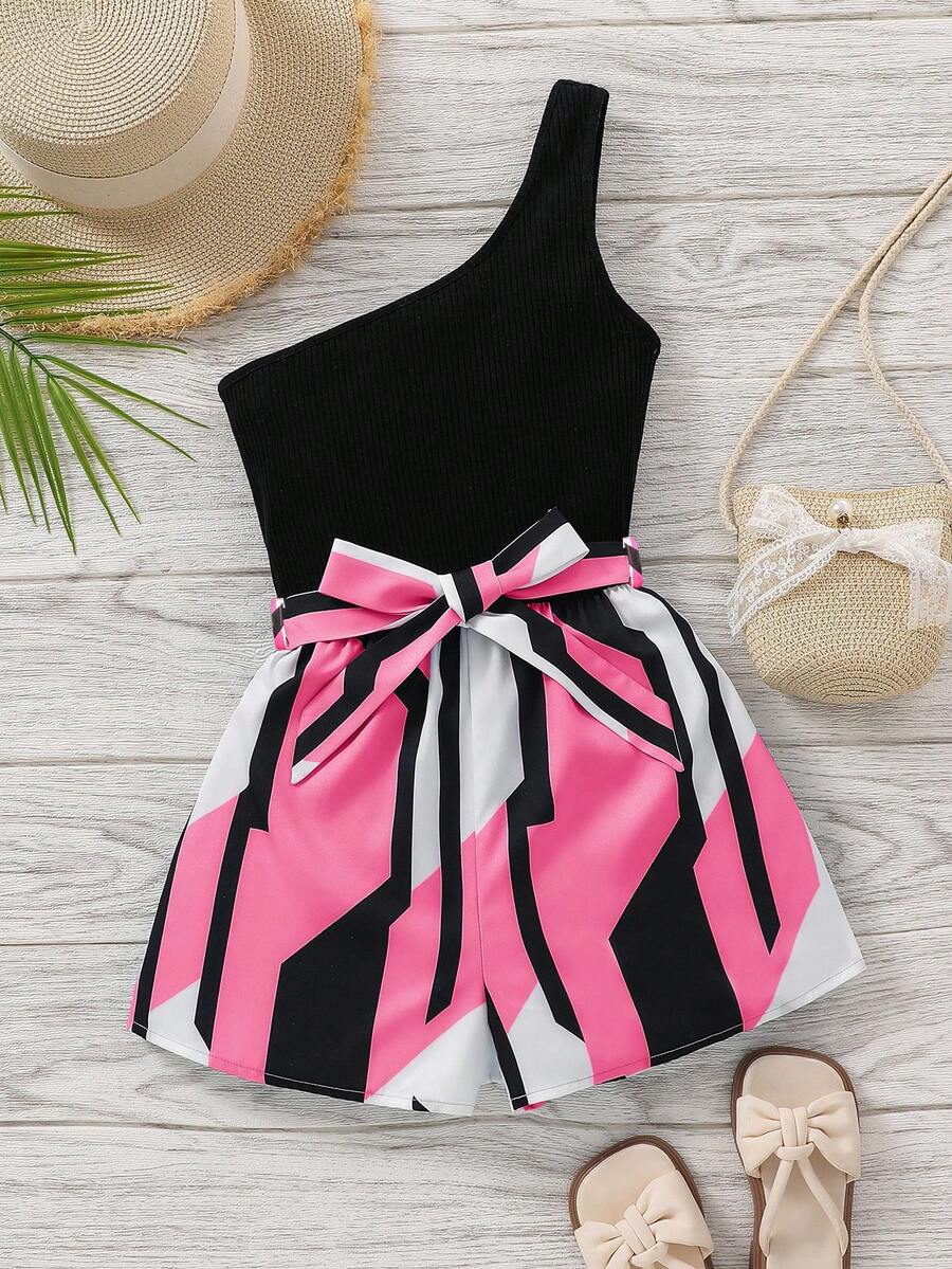 SHEIN 適合少女時尚運動風格針織花卉拼接單肩連身褲 - 西瓜粉 - 查看 1