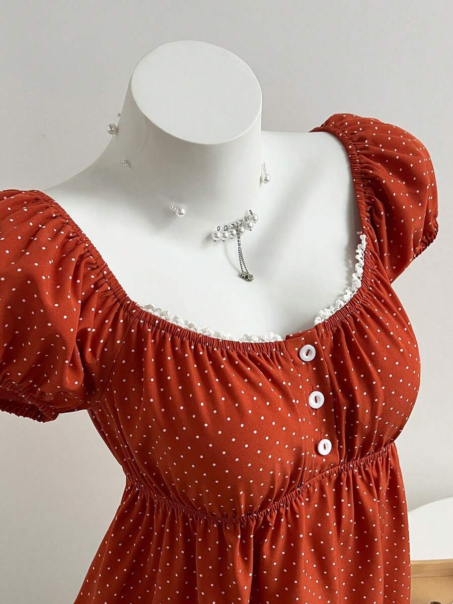 SHEIN Unity Áo cánh tay ngắn cổ vuông in chấm bi thoải mái cho nữ - màu nâu - Xem 1