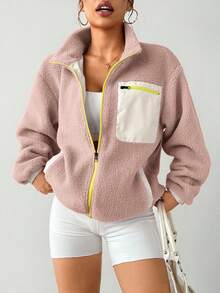 Exploreva Women's Contrast Color Zipper Front Loose Outdoor Sports Jacket Pink Fleece Jacket Women Zip Up Sweatshirt Oversized Comfy Jacket Lounge Wear Jacket Fleece Zip Up - Dusty Pink - View 7